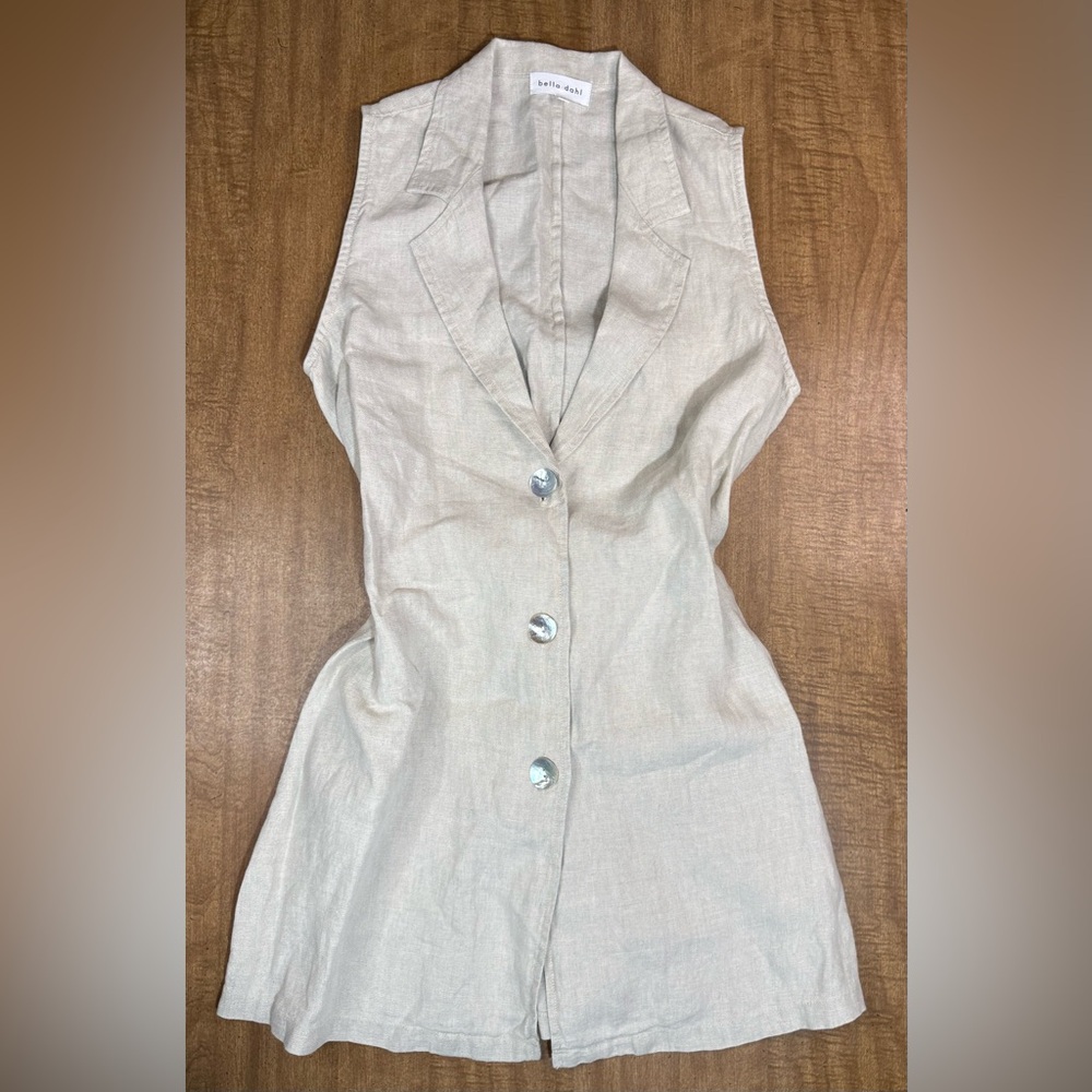 Bella Dahl Belted Linen Sleeveless Button Up Blazer Dress Women’s Size M Beige